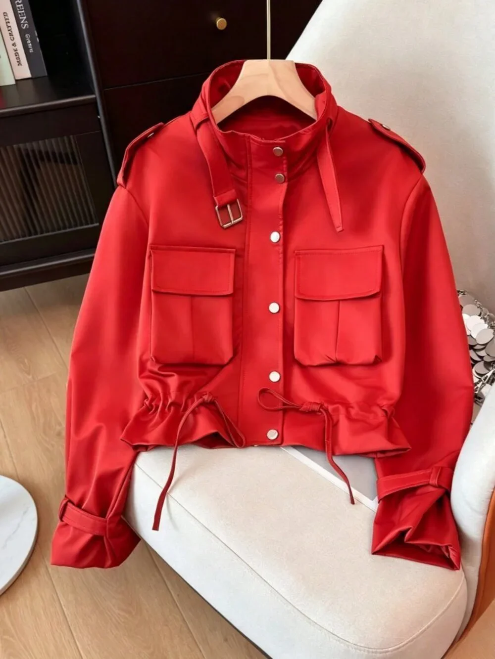 Red Casual Women's  Funnel Neck Multi-Pocket Waist Drawstring Utility Jacket